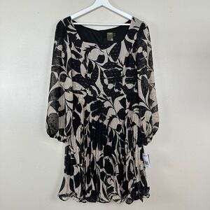 Taylor Women's 16 Pleated Chiffon Dress Black White Gold Leaf Print NEW